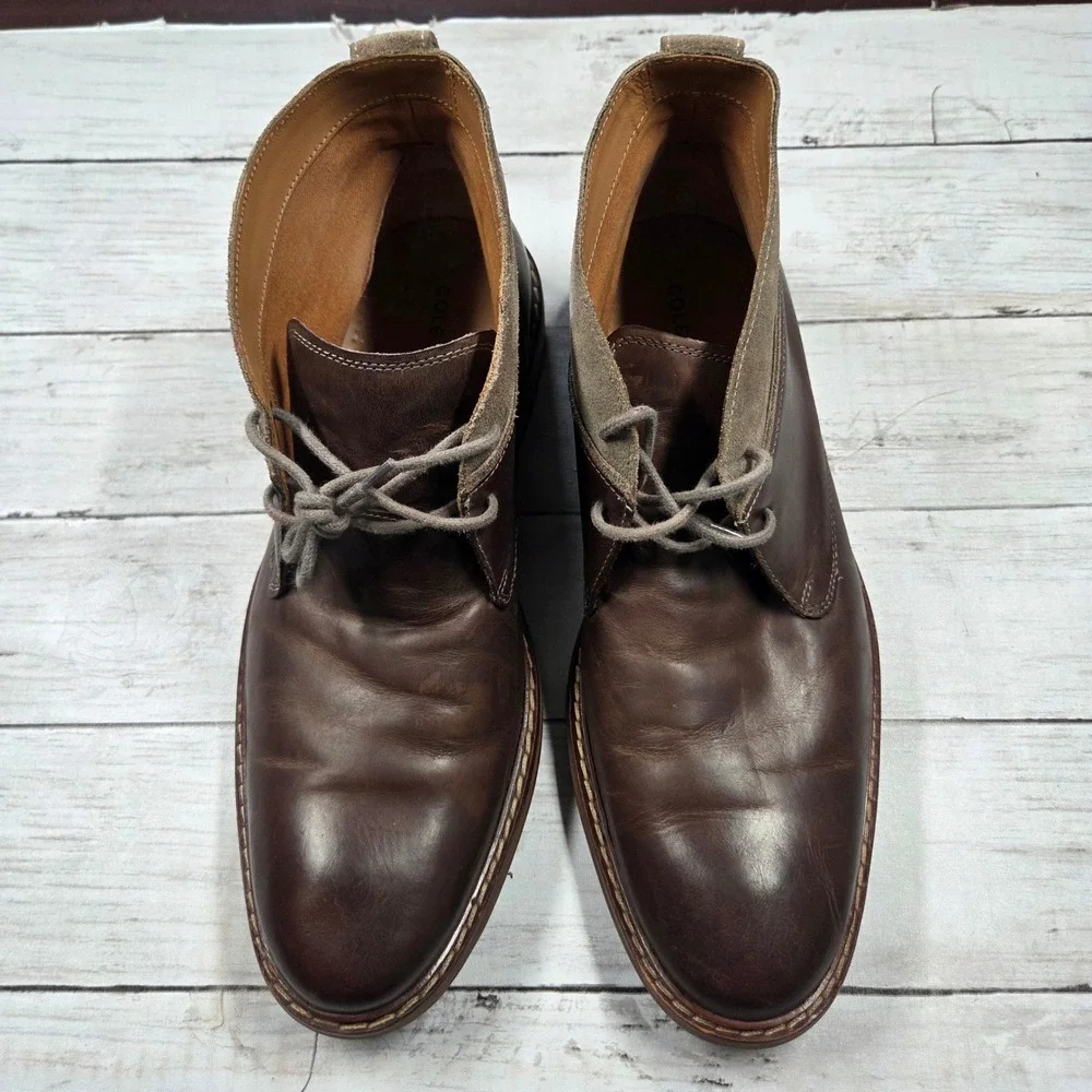 Cole Haan Chukka Boots Men 10M Brown C20293 Leather Suede Trim Lace Up Round Toe
